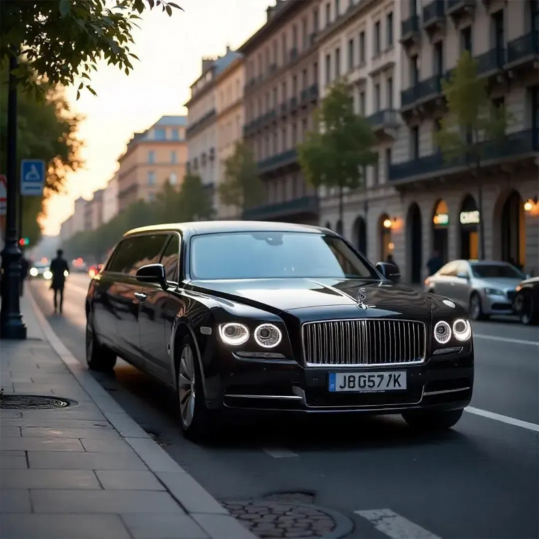 Black luxury car parked on a city street; buildings line the background.