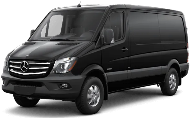 Black Mercedes-Benz Sprinter cargo van, parked, front view.