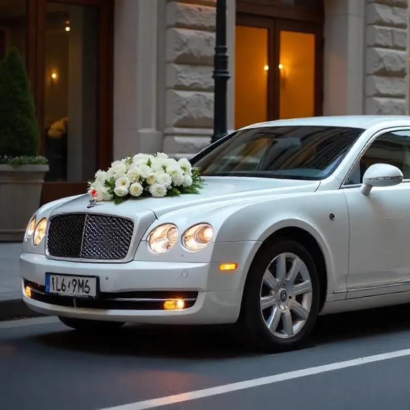 White Bentley sedan with white floral arrangement on the hood, parked on a city street.