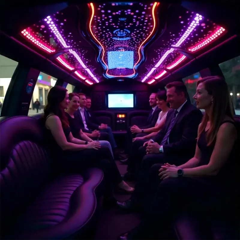 Inside a limousine, people sit on purple seats under neon lights.