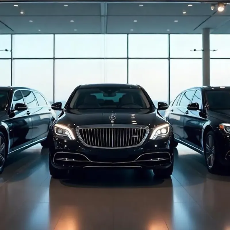 Three black Mercedes-Benz sedans parked inside a dealership, viewed head-on against a windowed background.