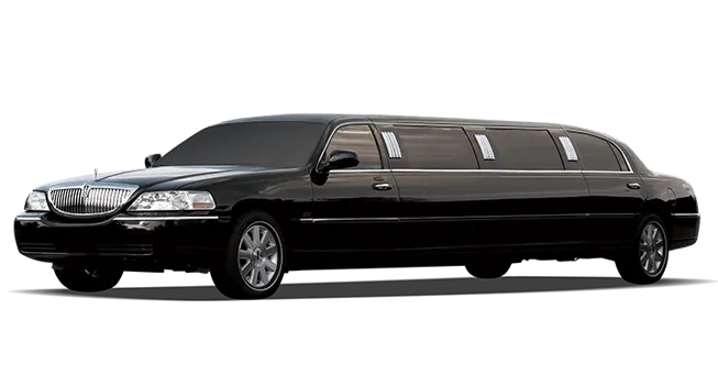 Black limousine, side view, tinted windows, parked.