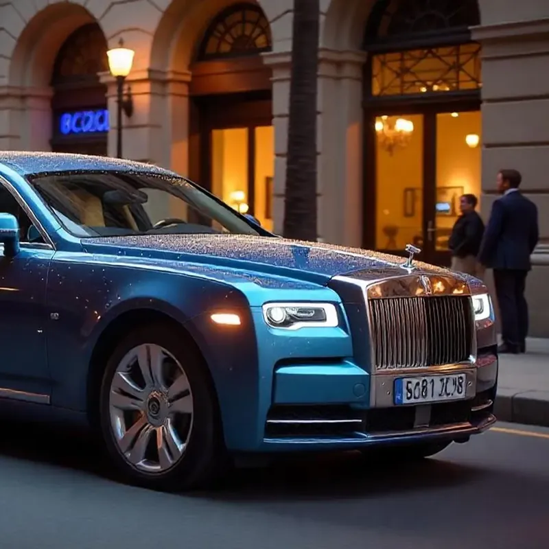 Blue Rolls Royce parked on a city street in front of a building with two men standing nearby.