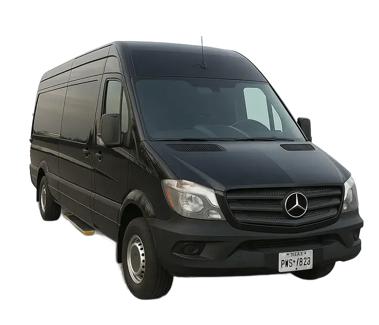 Black Mercedes-Benz Sprinter van, parked outdoors.