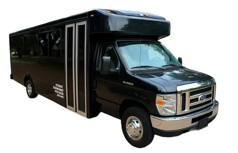 Black party bus, parked.