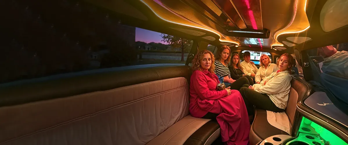 People in a limousine, interior lit with lights, one woman in red.
